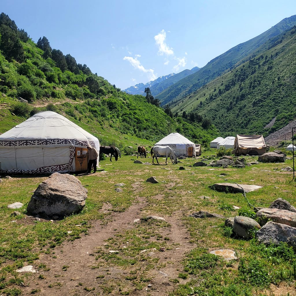 Summer yurts or jailoos set up in Alamedin Gorge, Kyrgyzstan