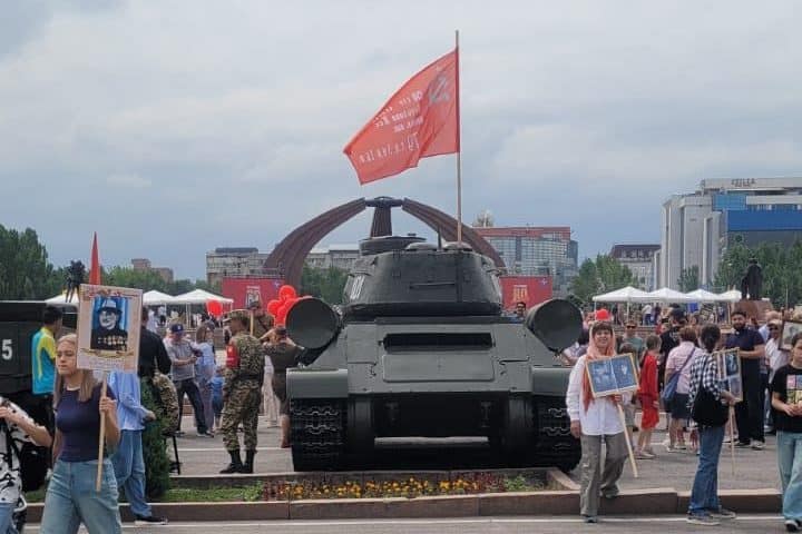 Soviet Tank memorabilia on display in Bishkek on Victory Day